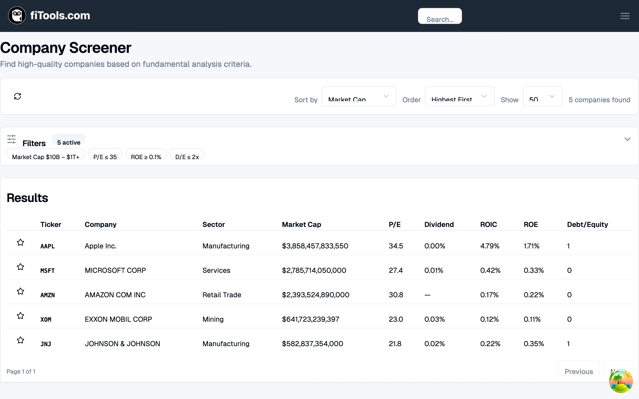 Company Screener results page showing a controls bar, five active filters, and a results table with AAPL, MSFT, AMZN, XOM, and JNJ