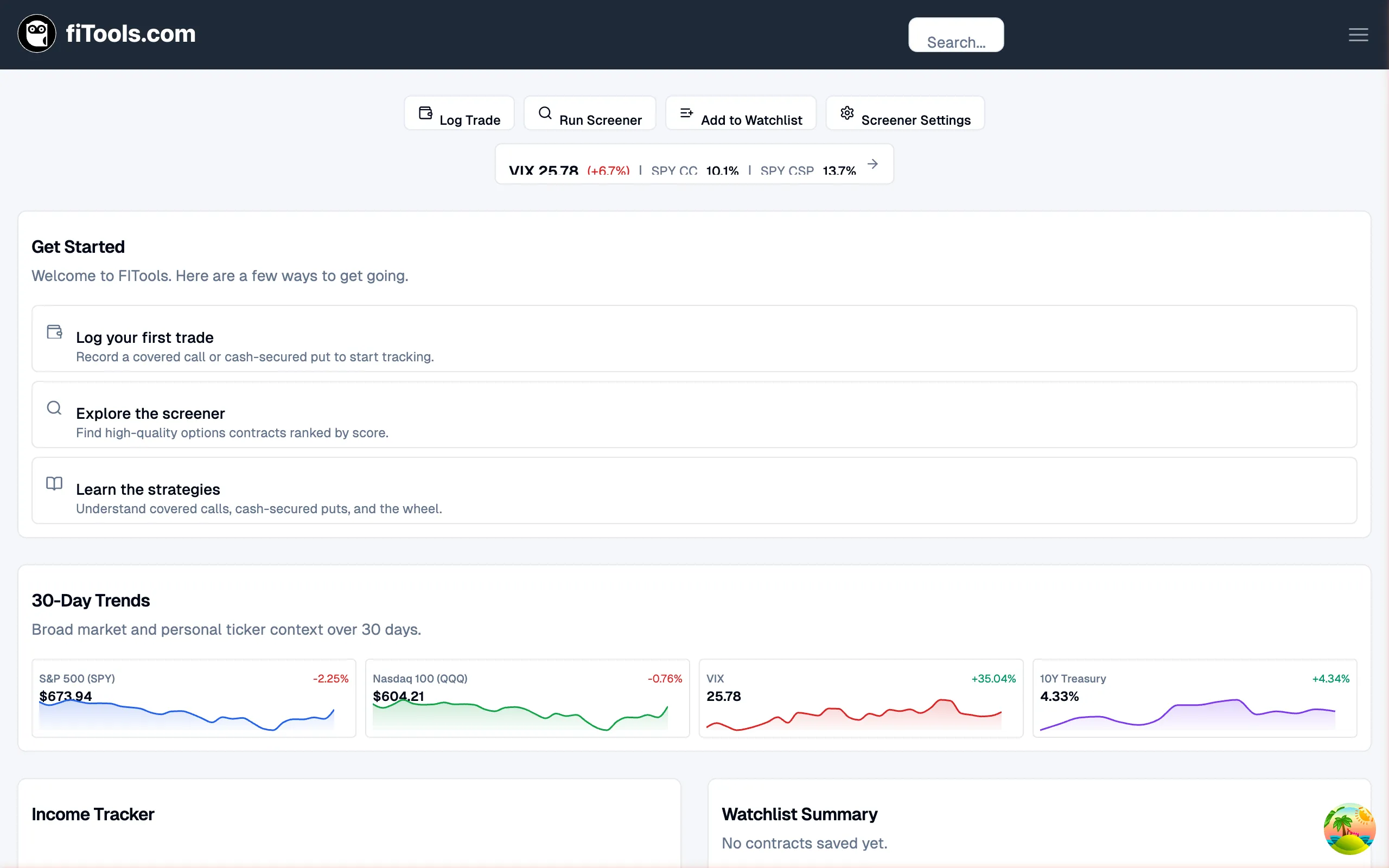 Dashboard showing the quick actions bar, market strip, onboarding waypoints, 30-day trends, and summary cards