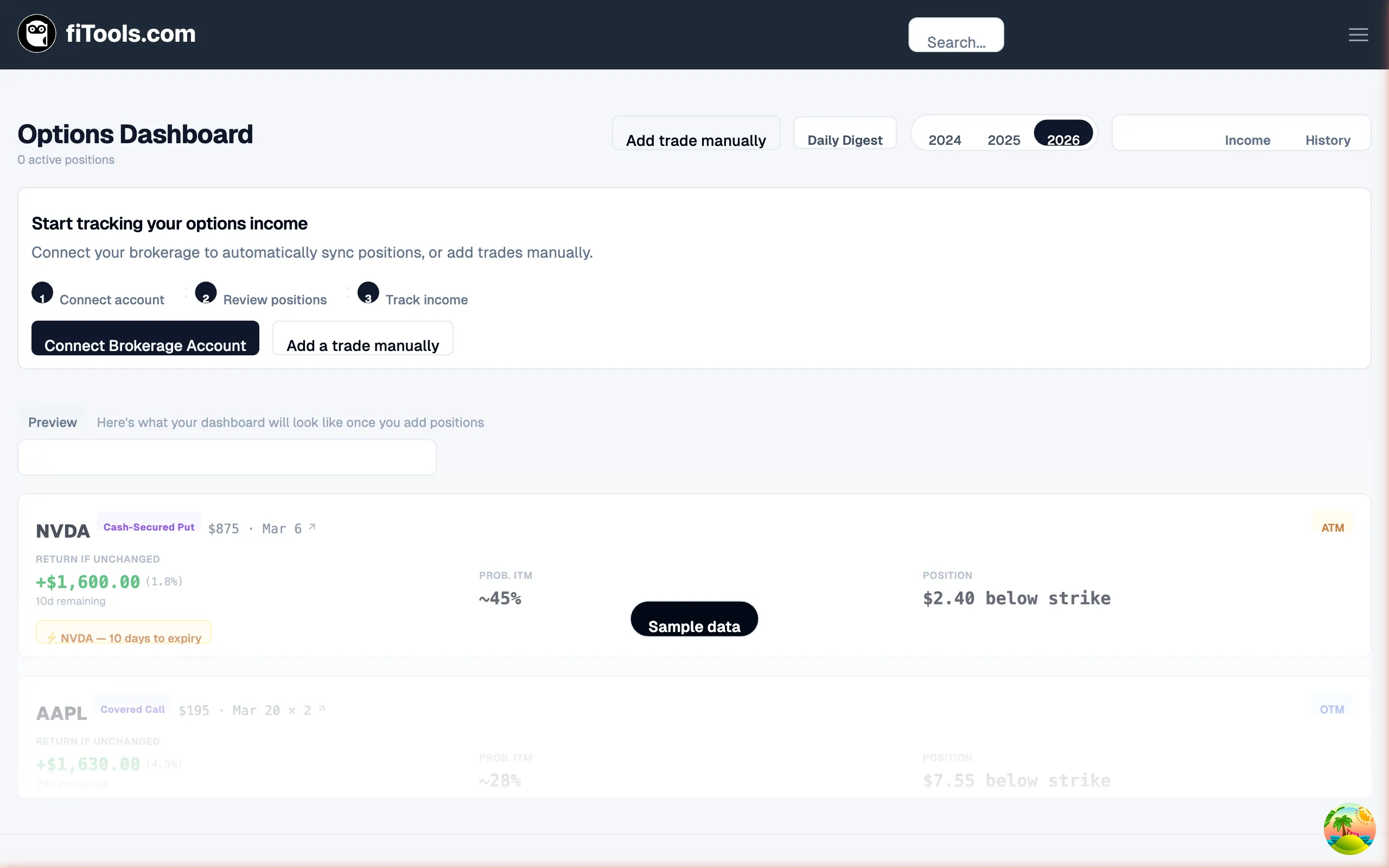 Income Dashboard showing the empty state onboarding card with sample data preview