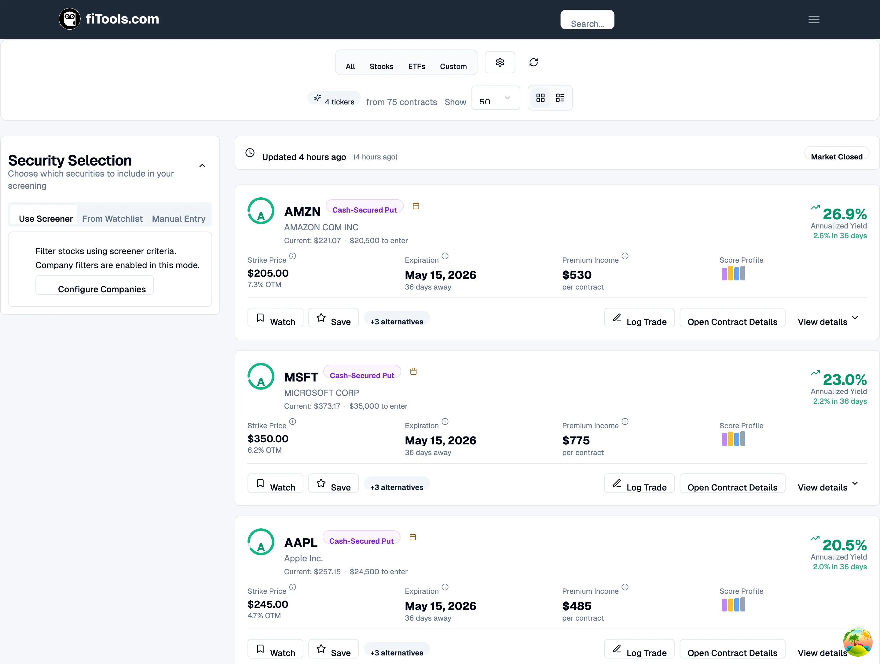 Card view showing results for AMZN, MSFT, and AAPL with strategy badges, key metrics, score profiles, and action buttons.