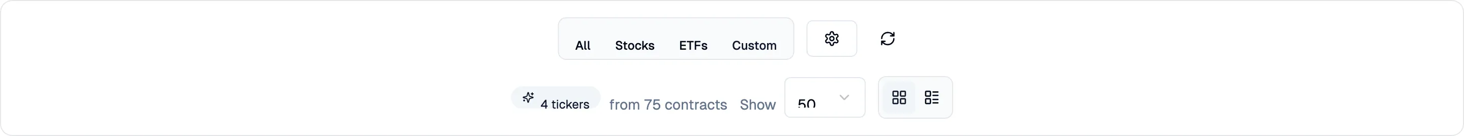 The screener controls bar showing security type selector, filter button, refresh, results count, page size, and view mode toggle.