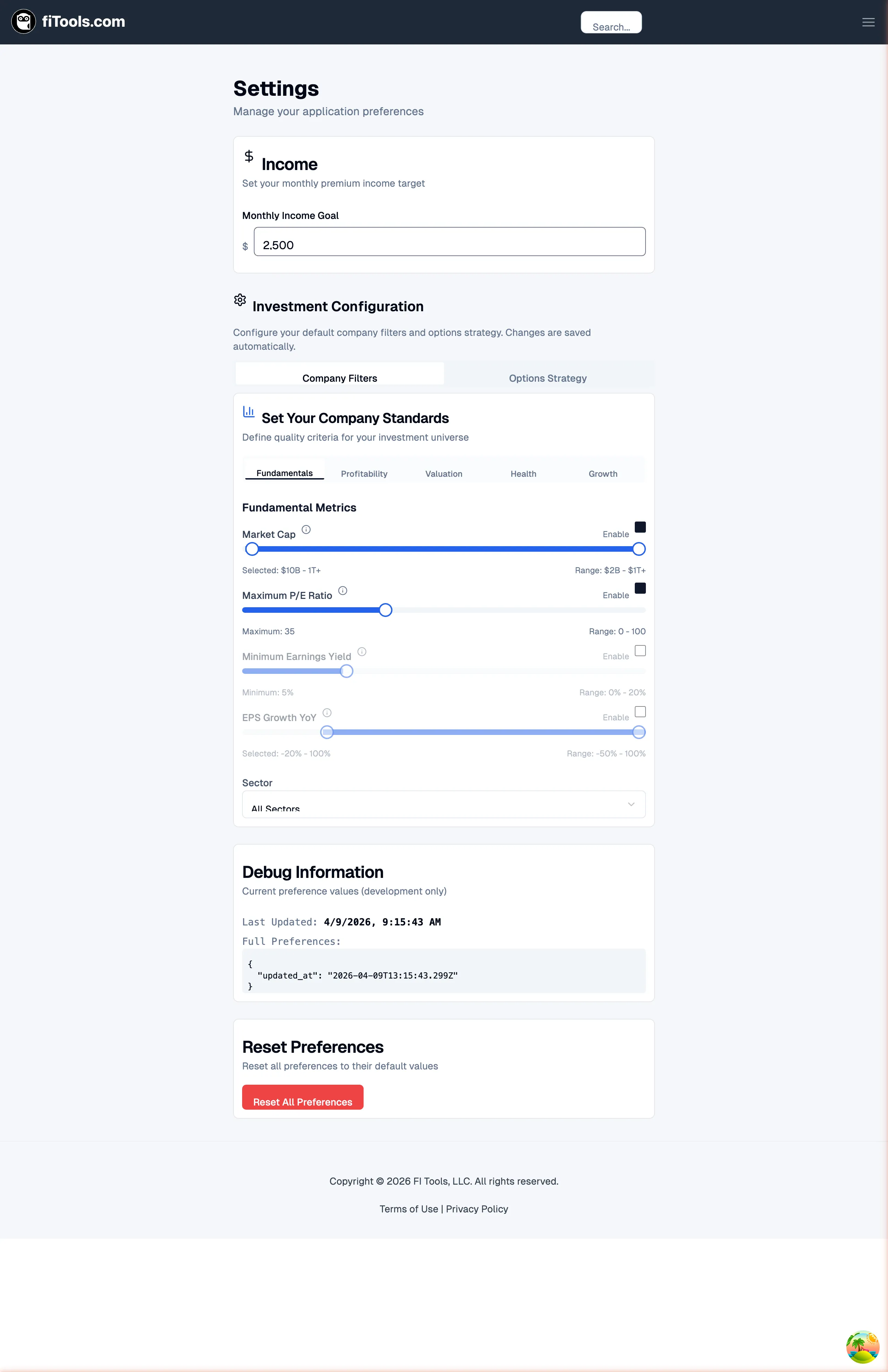 Full settings page showing the income target, company filters tab, and reset preferences section