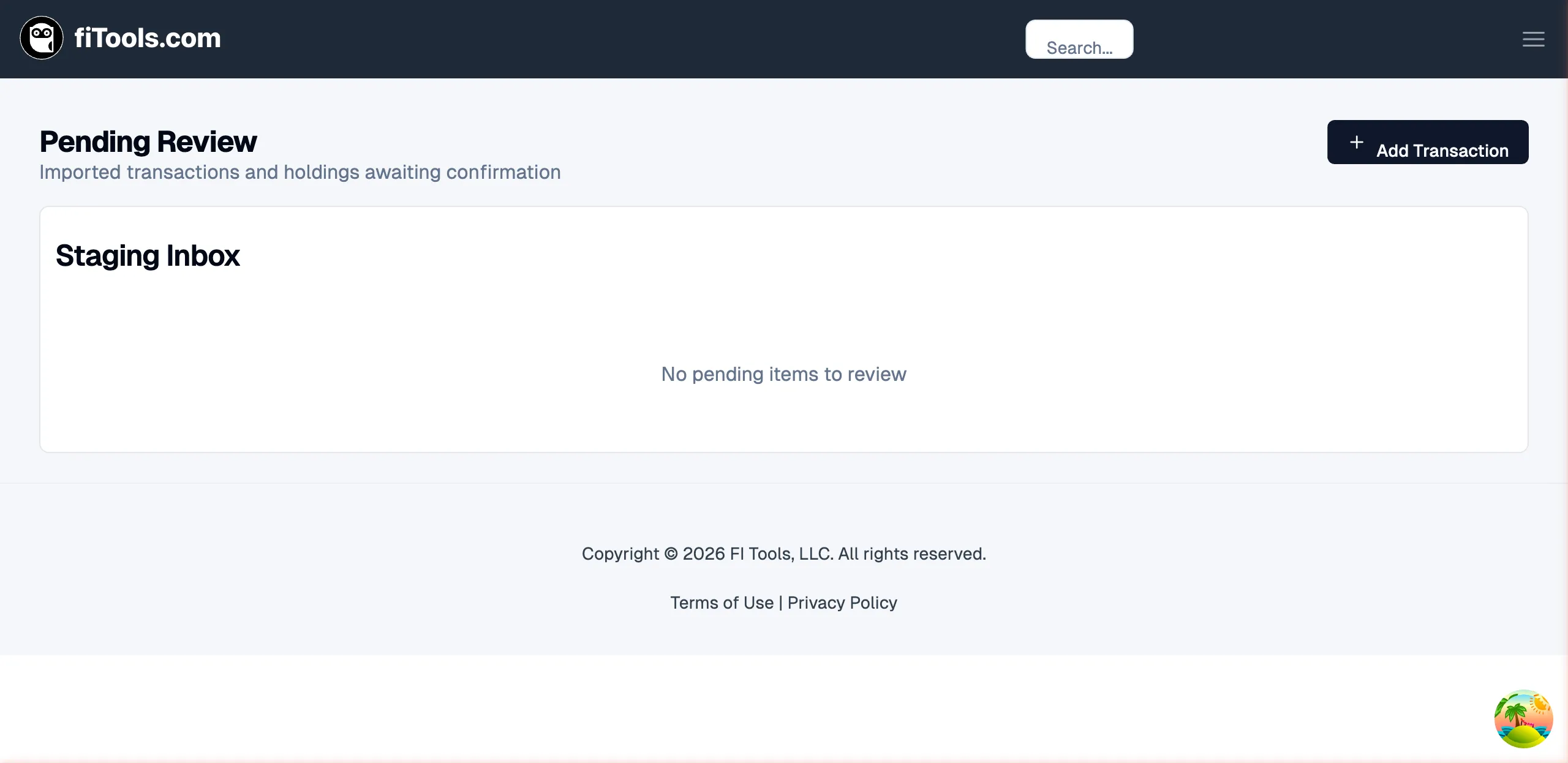 Staging inbox in its empty state showing the Pending Review heading, Add Transaction button, and "No pending items to review" message