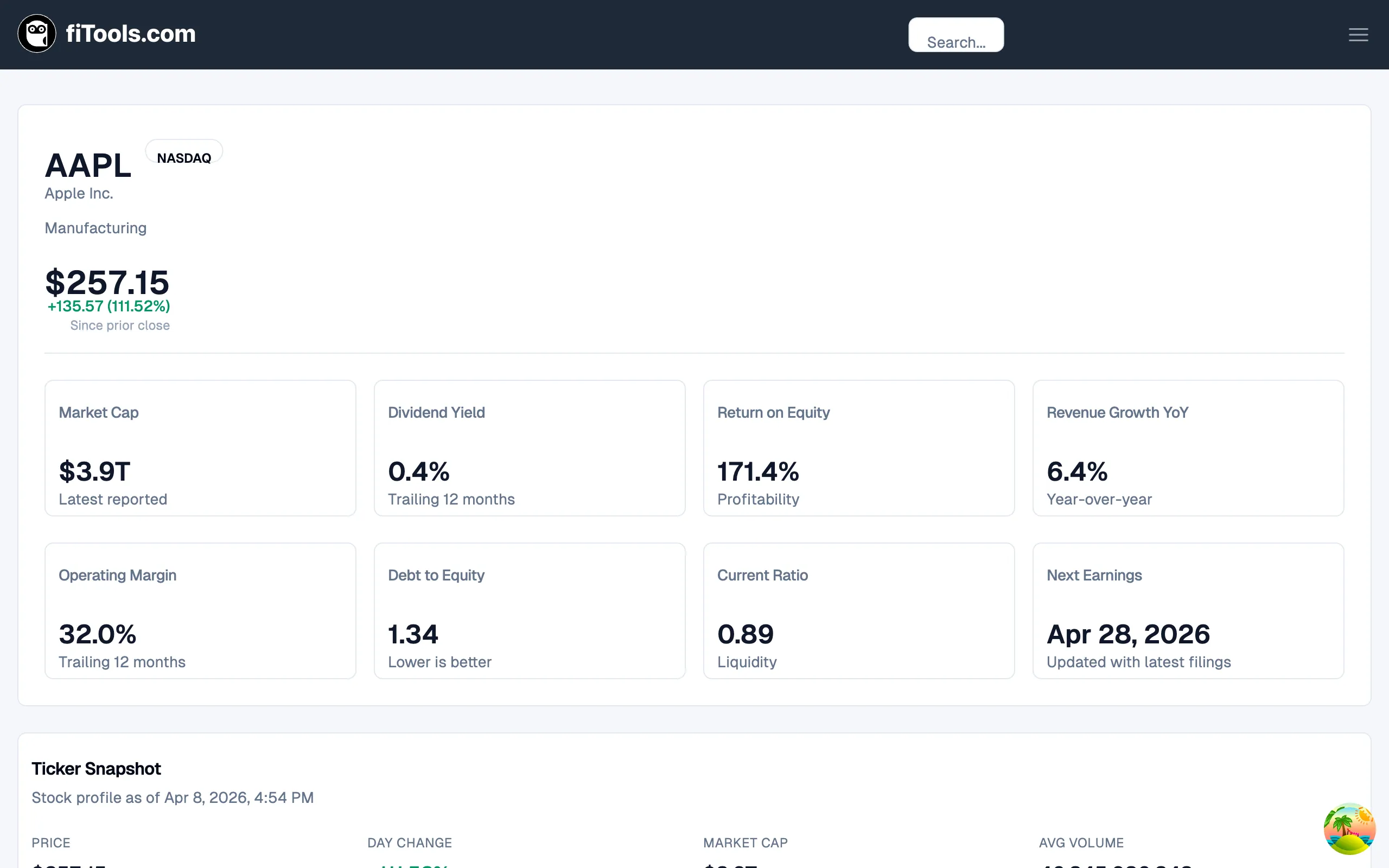 AAPL ticker detail page showing the overview card with price, key metrics, and ticker snapshot
